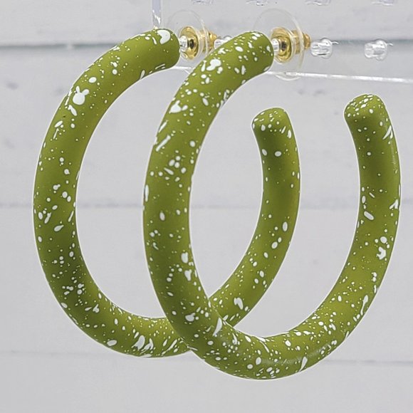 2" White Splatter Paint Olive Green Matte Hoop Earrings - Picture 8 of 11